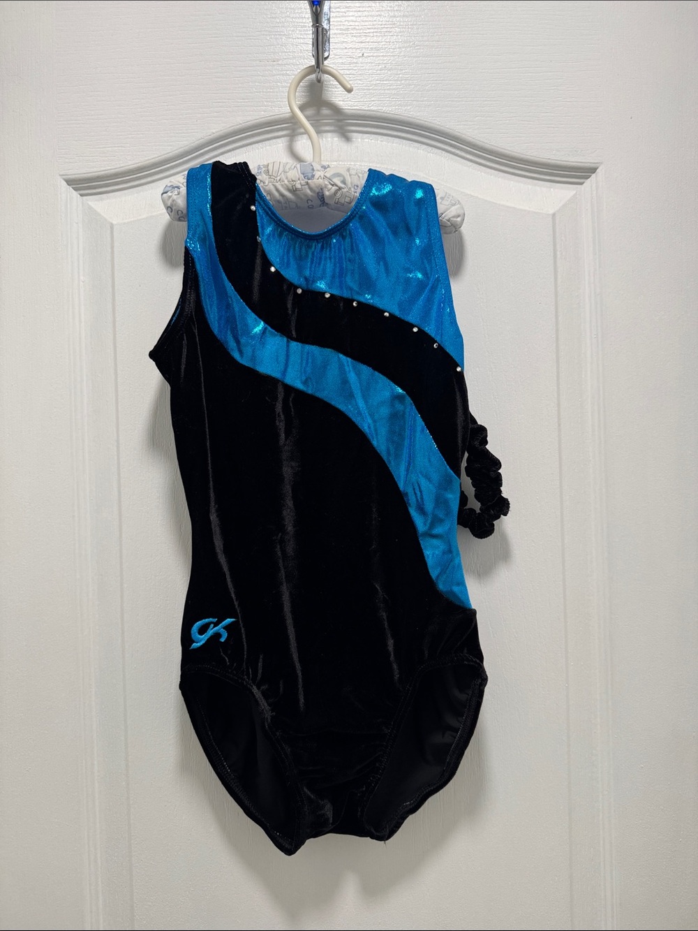 GK Elite Black & Blue Velvet Gymnastics Leotard with Rhinestone Accent